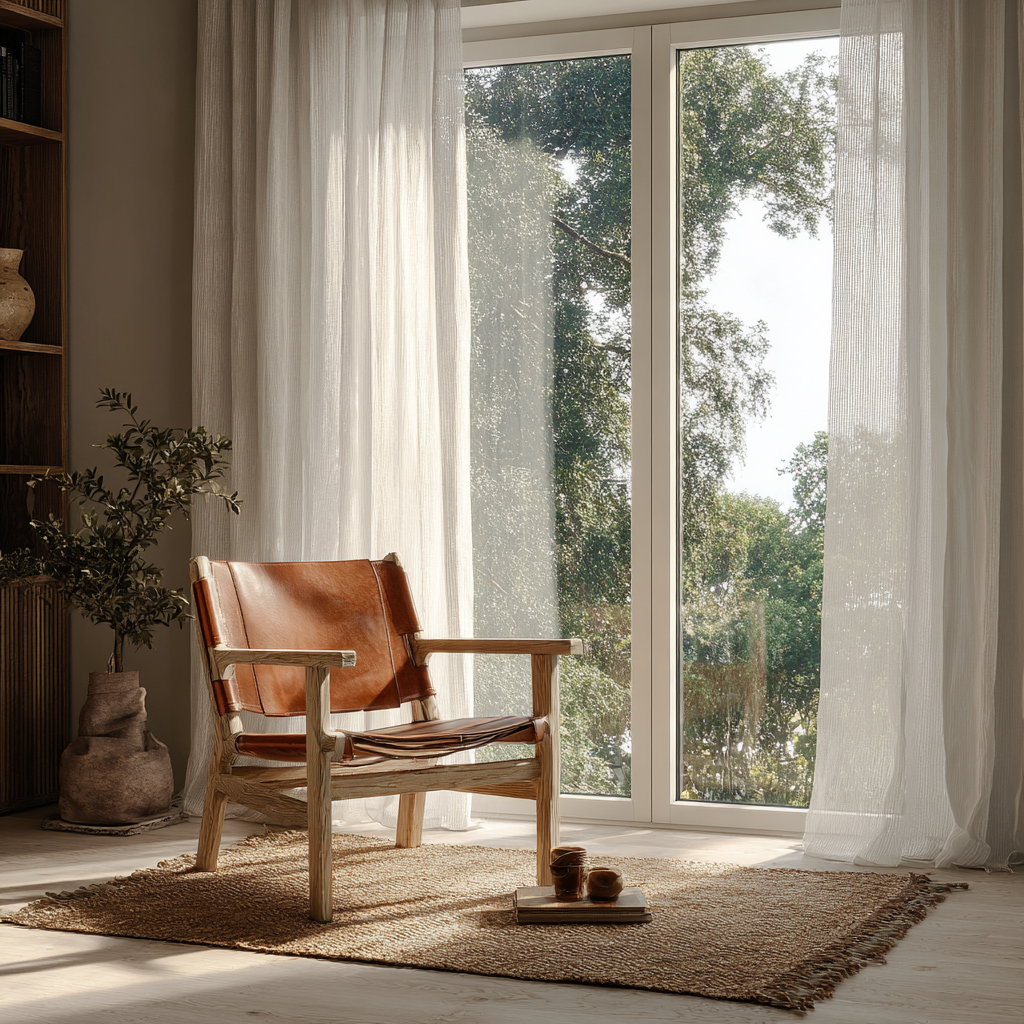 A tranquil reading nook by a large window with sheer white curtains, a single comfortable wooden chair with a leather seat, and a small jute rug.