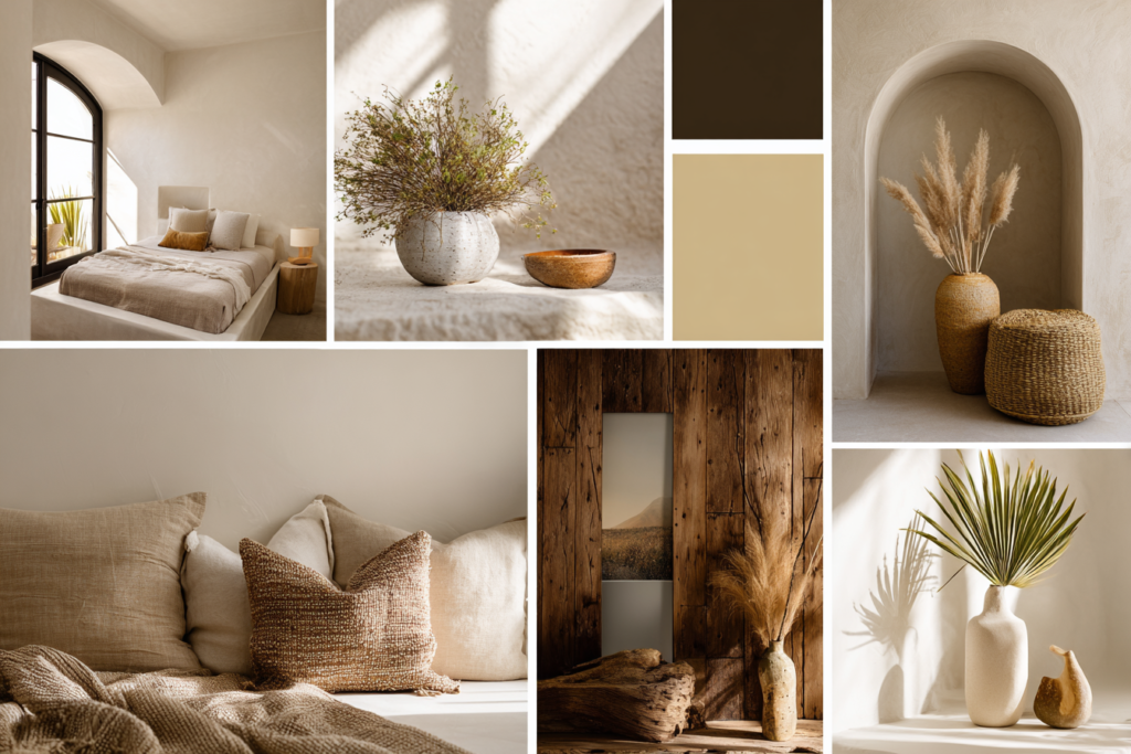 warm minimalist interior styles collage, Scandinavian organic modern Mediterranean rustic modern desert modern interiors, natural textures, earthy palette, editorial design magazine layout, calm aesthetic 