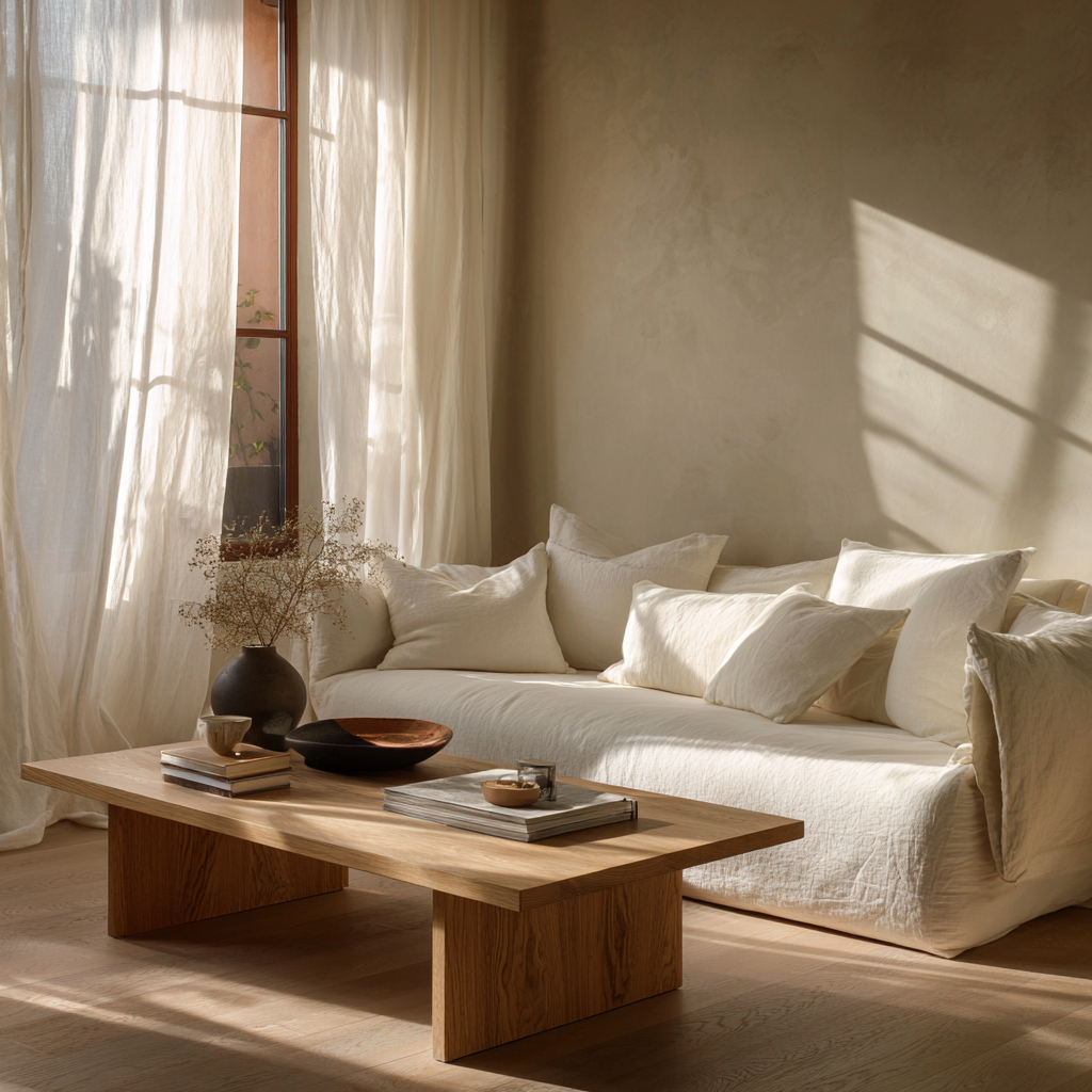 A serene warm minimalist living room featuring a low-slung off-white sofa, a light oak coffee table, and walls painted in a soft, whisper-white "Cloud Dancer" shade with warm sunlight streaming through sheer linen curtains.