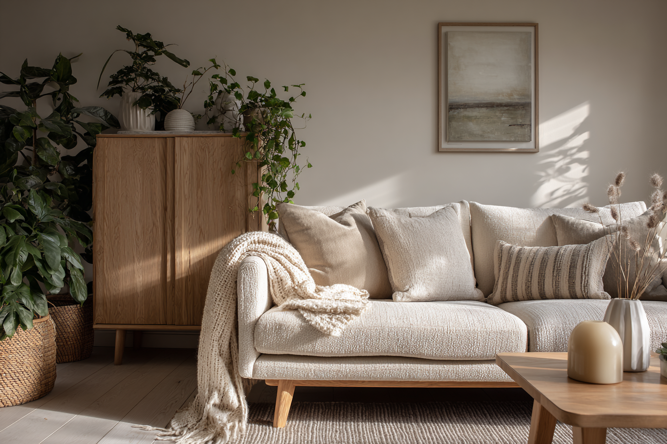 serene warm minimalist living room, soft natural light, neutral palette, oak furniture, linen sofa, textured wool throw, indoor plants, calm peaceful atmosphere, editorial interior photography, Scandinavian influenced, warm minimalism aesthetic
