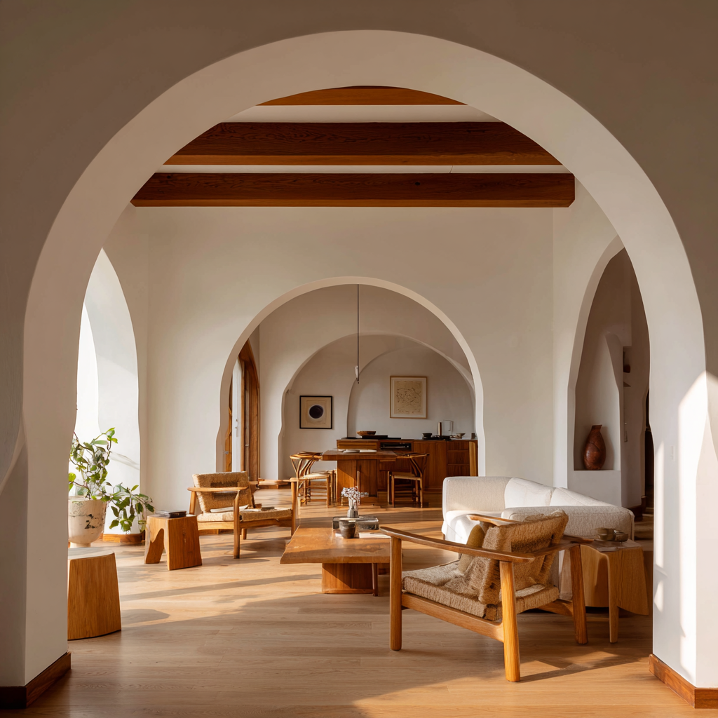 A wide-angle view of an open-plan warm minimalist home with arched doorways, showcasing the balance between simple wooden furniture and ample open space