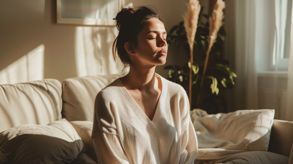 woman sitting peacefully in warm minimalist living room, eyes closed, soft exhale, lots of negative space around her, gentle natural light, calm and restorative atmosphere