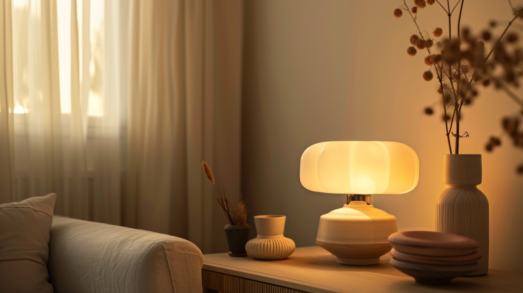 Dreamy Image quiet corner of warm minimalist home at dusk, soft warm light from a single beautiful lamp mixing with fading natural light, linen, wood and ceramic details, deeply peaceful and soulful atmosphere
