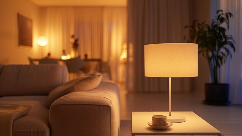 3. Layered Lighting Sceneevening warm minimalist interior, multiple light sources — floor lamp with warm glow, table lamp, and soft accent lighting, creamy walls, natural textures, peaceful and inviting atmosphere --ar 16:9 --v 6