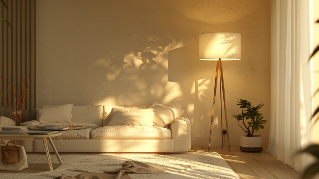 3. Layered Lighting Scene evening warm minimalist interior, multiple light sources floor lamp with warm glow, table lamp, and soft accent lighting, creamy walls, natural textures, peaceful and inviting atmosphere