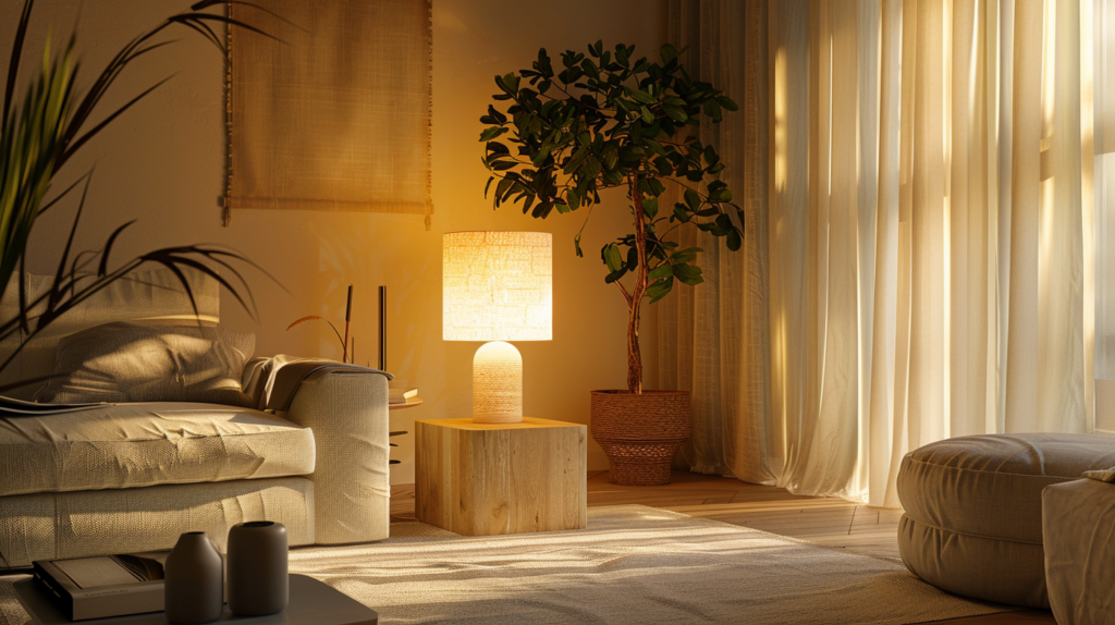 3. Layered Lighting Scene evening warm minimalist interior, multiple light sources floor lamp with warm glow, table lamp, and soft accent lighting, creamy walls, natural textures, peaceful and inviting atmosphere