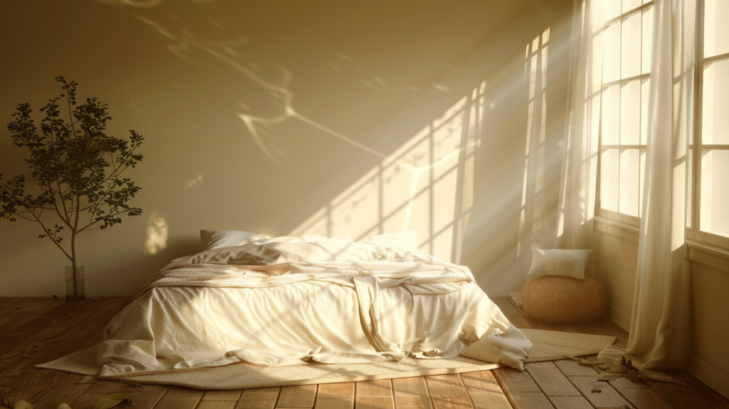 Natural Morning Light serene minimalist bedroom in early morning light, soft sunlight streaming through window onto linen bed and wooden floor, gentle and restorative feeling, warm minimalism