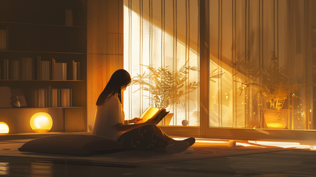 Person in Warm Light person sitting peacefully in warm minimalist room reading, surrounded by soft warm lighting from multiple sources, gentle glow on face and space, deep sense of calm and comfort