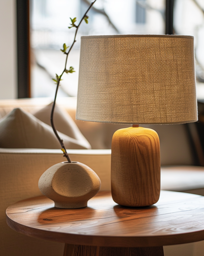Table Lamp Detail close-up of warm minimalist side table with matte ceramic table lamp casting soft golden light, linen shade, visible wood grain, cozy and intimate mood, neutral tones