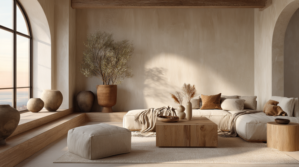 beautiful warm minimalist interior showcasing a harmonious soft neutral palette with subtle warm accents, linen, wood, ceramic, golden hour light, deeply inviting and soulful 