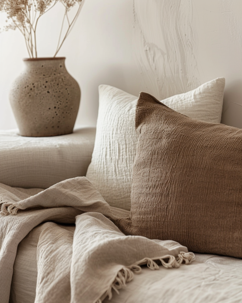 close-up of warm minimalist corner showing layered neutrals creamy wall, warm taupe throw, oat linen cushion, matte beige ceramic, soft natural textures