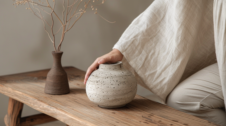 close-up tactile warm minimalist interior, hand gently touching soft creamy linen throw on warm oak bench, matte unglazed ceramic vase nearby, visible wood grain, soft natural light, rich textural contrast, calm and grounding atmosphere, neutral palette