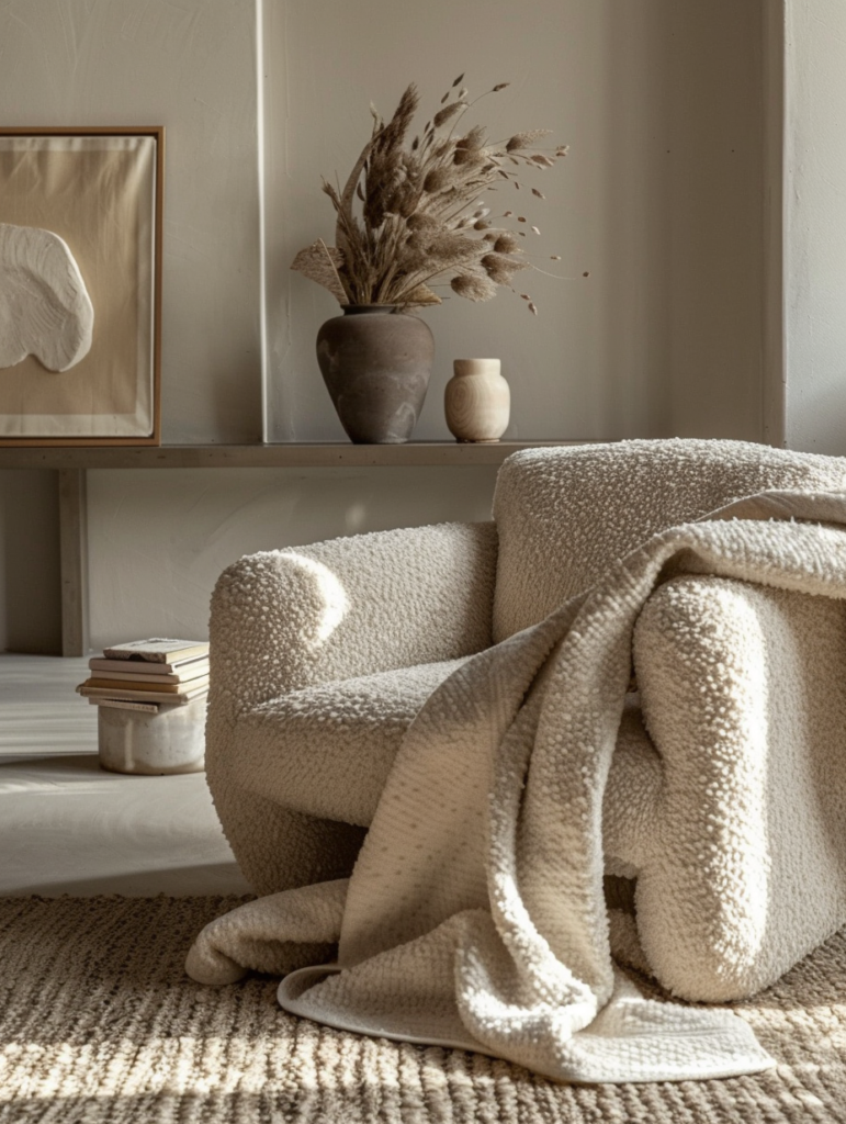 cozy boucle armchair in warm neutral tones, soft wool throw draped over it, rich nubby texture emphasized, calm minimalist living corner, natural light highlighting tactile quality 