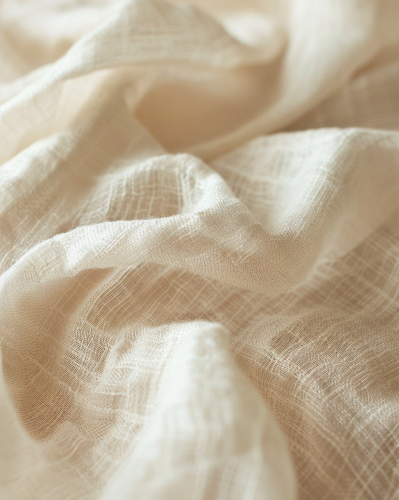 extreme close-up of rumpled creamy linen fabric in soft morning light, natural wrinkles and weave visible, warm neutral background, tactile and inviting, warm minimalism