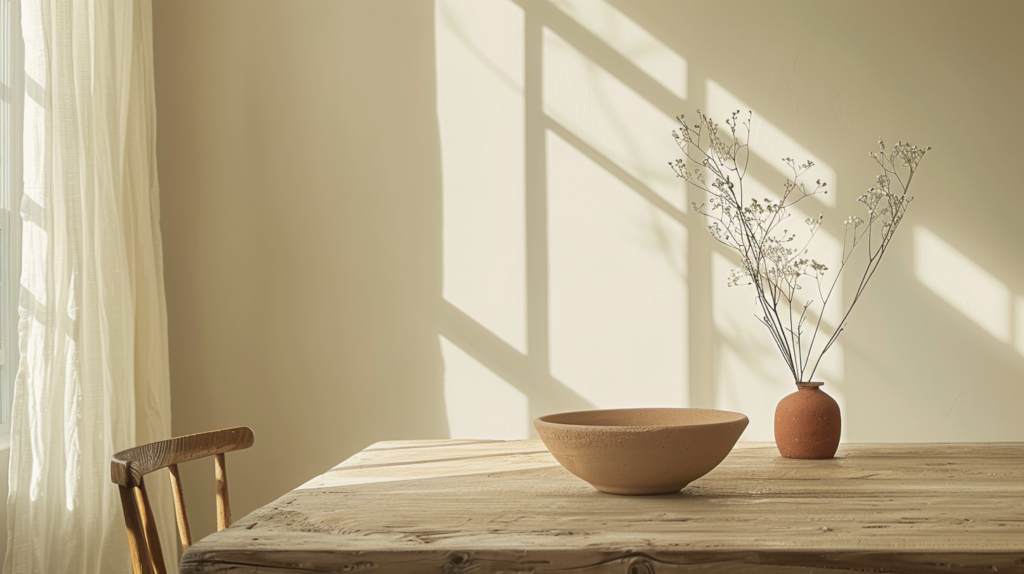 warm minimalist dining area with soft terracotta bowl on oak table, creamy walls, muted sage accents, warm and grounding color scheme, gentle natural light