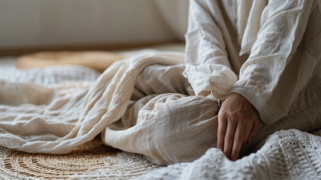 person sitting peacefully in warm minimalist space, hand resting on soft linen cushion or wool blanket, eyes gently closed in calm, soft natural light, feeling of deep sensory comfort and grounding