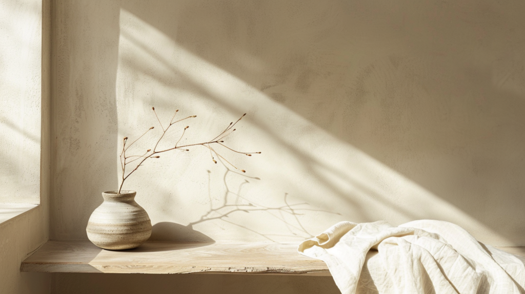 quiet warm minimalist corner, layered natural textures linen, wood, and ceramic bathed in gentle afternoon light, sense of embodied calm and tactile richness, peaceful and inviting
