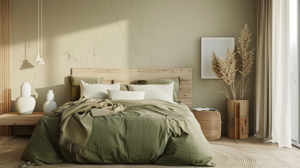 serene minimalist bedroom with muted sage green linen bedding, warm beige walls, natural wood, soft neutral palette, peaceful and restorative feeling