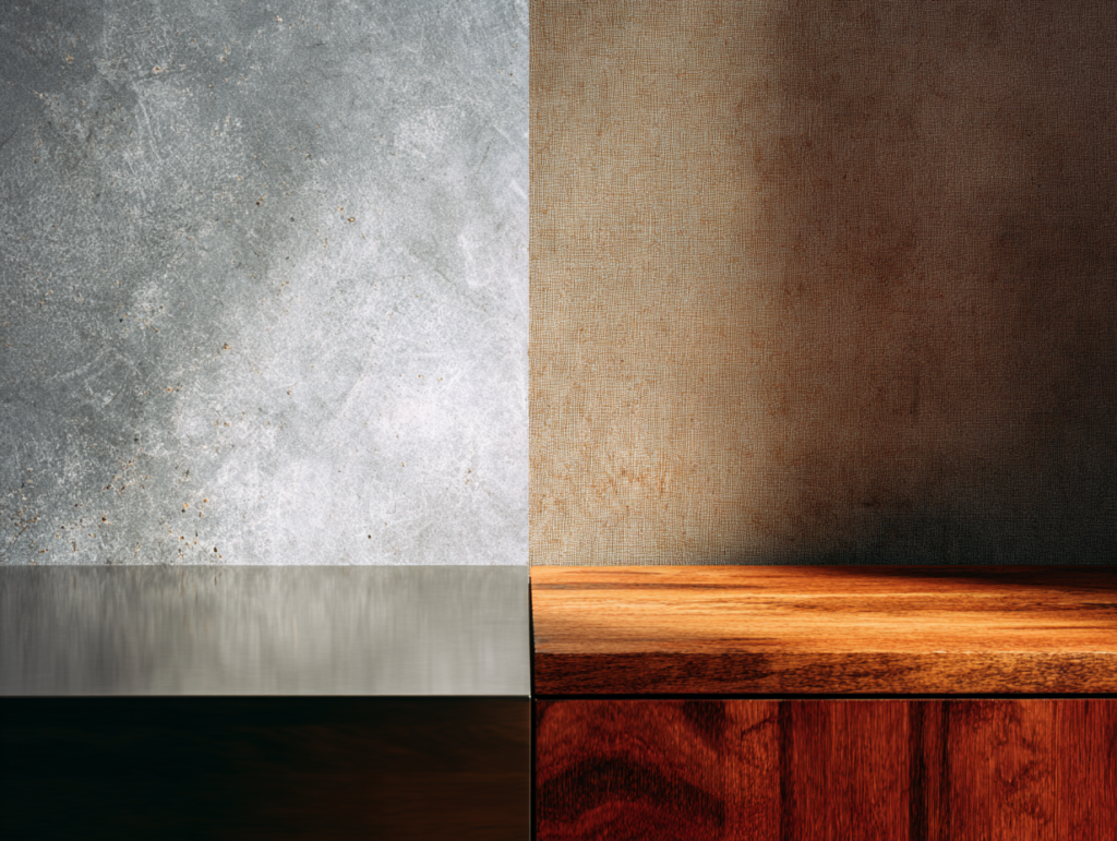 side-by-side comparison, left side cold glossy synthetic surface reflecting harsh light, right side warm matte linen and wood with soft natural textures, emotional contrast between sterile and calming, warm minimalism