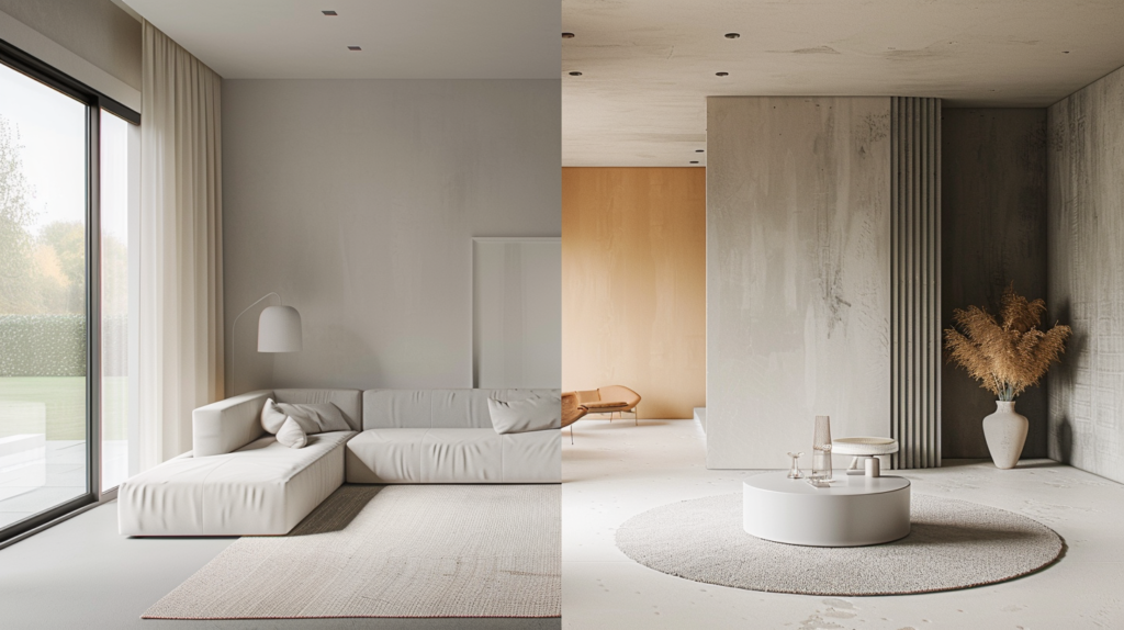 side-by-side comparison, left side cold minimalist room with stark white and cool gray, right side same room in warm minimalist palette with creamy, beige, and soft terracotta tones, emotional warmth contrast