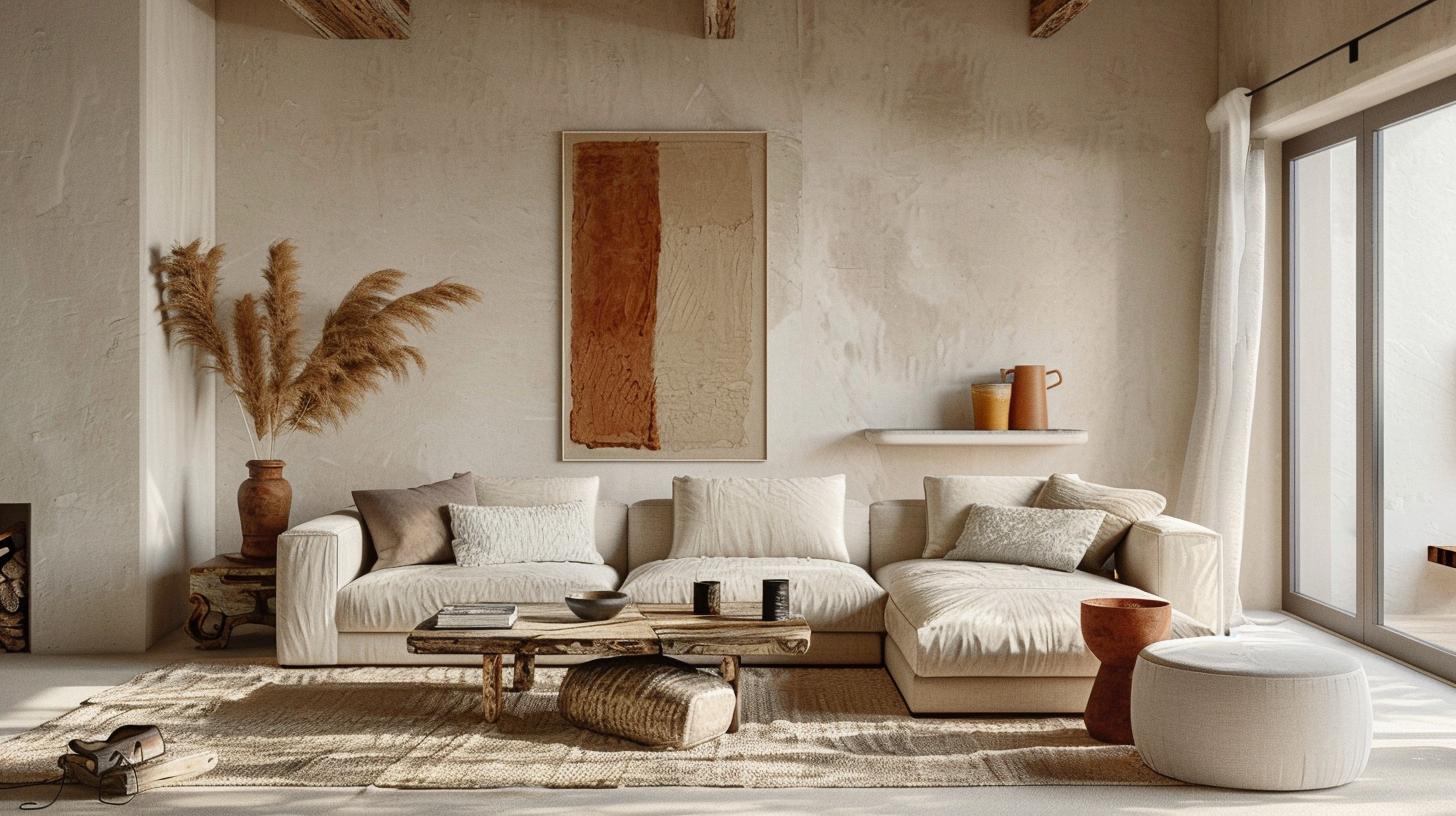 warm minimalist living room with perfect soft neutral color palette, creamy walls, warm oat linen sofa, gentle terracotta accents, soft beige and warm wood tones, abundant natural light, calm and soulful atmosphere