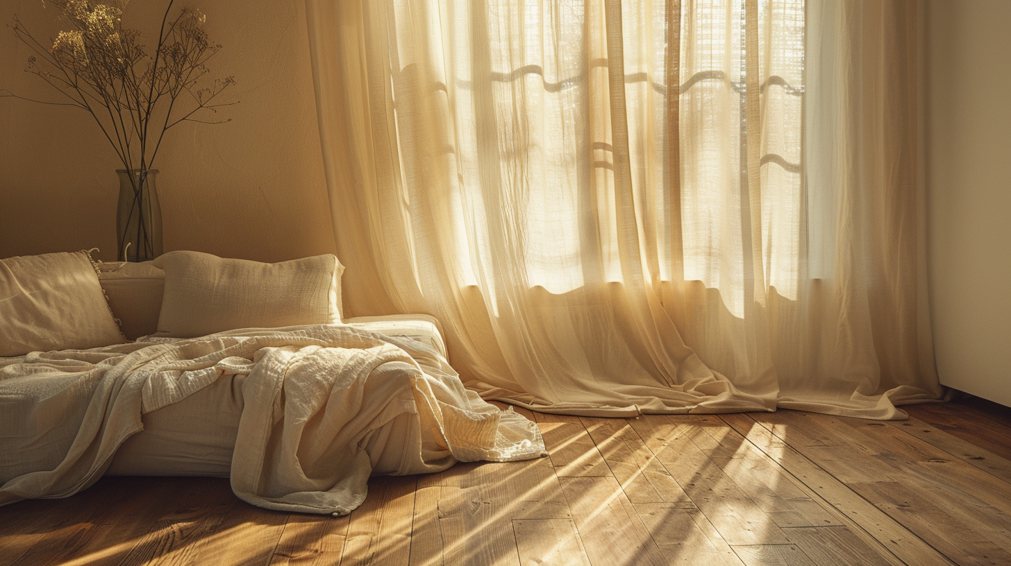 warm minimalist living room at golden hour, soft warm natural light pouring through sheer linen curtains, gentle shadows on creamy walls and oak floor, single linen sofa, calm and luminous atmosphere, rich but peaceful