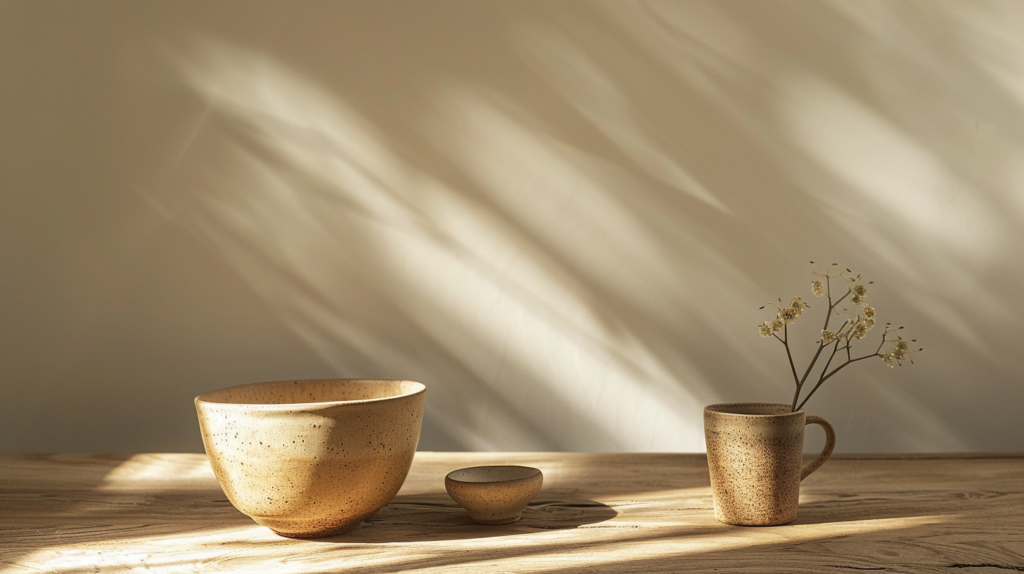 warm oak surface with visible grain, hand-thrown matte unglazed ceramic bowl and mug, soft diffused light creating gentle shadows, minimalist composition with generous negative space, soulful and grounding