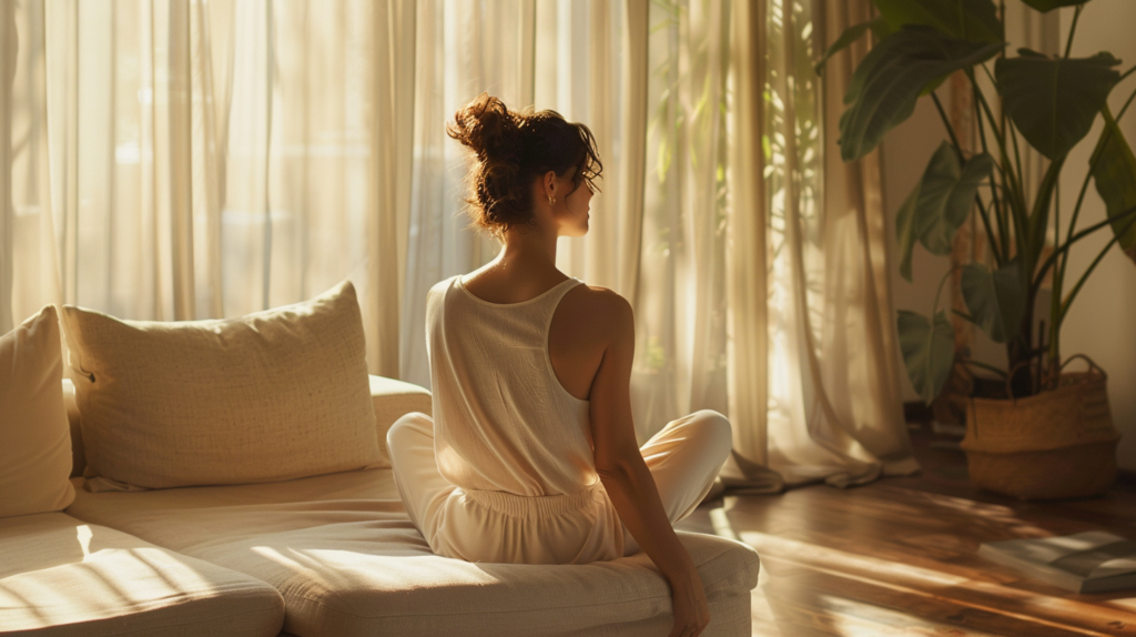 woman sitting peacefully in warm minimalist living room surrounded by soft creamy, beige and warm neutral colors, gentle natural light, deep sense of calm and belonging