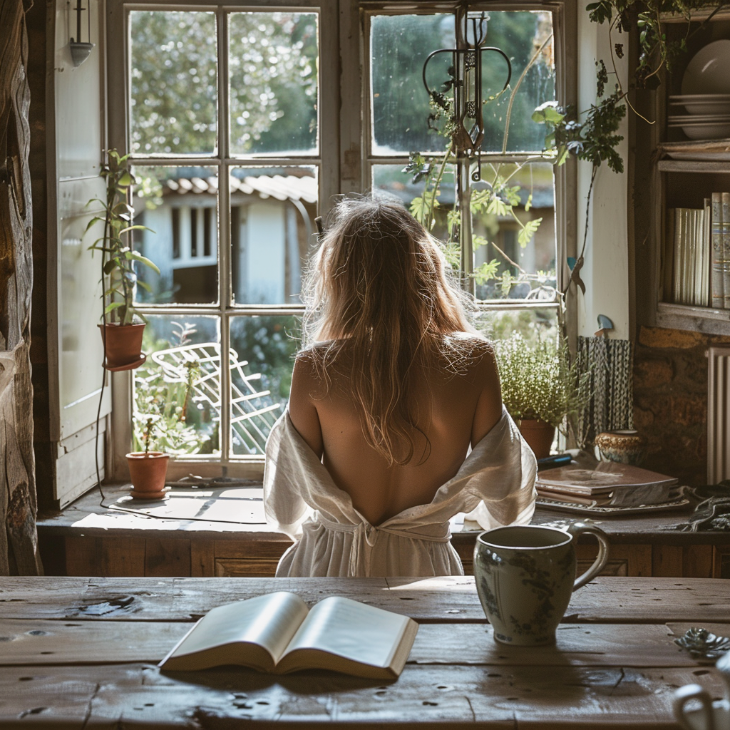 A slow living morning scene in a warm minimalist home, a woman in an oversized linen shirt sitting at a wooden kitchen table with both hands wrapped around a ceramic mug, a single open book face-down beside her, morning light flooding through an open window with a view of a garden, a small pot of herbs on the sill, no screens, no hurry, dust motes visible in the light, warm honey and green tones, the feeling of total unhurried presence, lifestyle photography with soft documentary warmth, analogue film quality