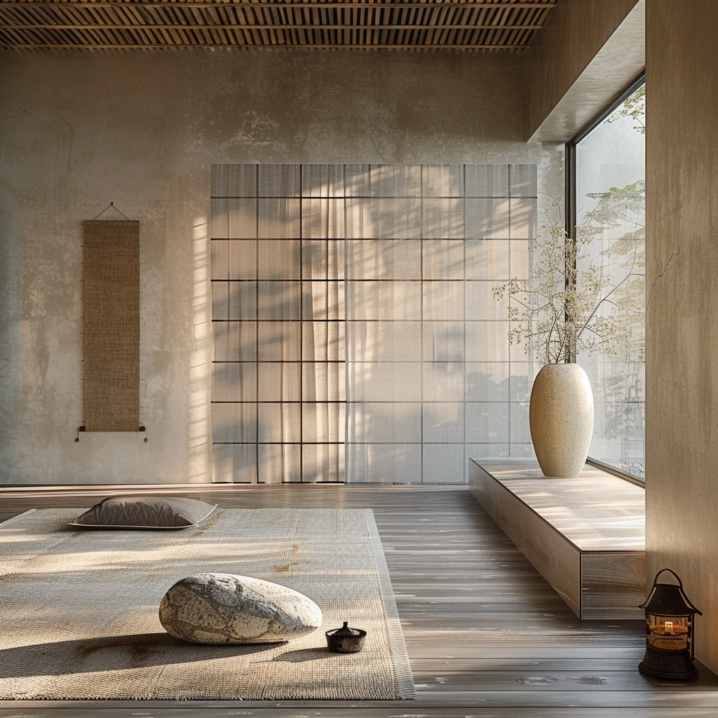 A Zen-influenced meditation alcove within a minimalist home, pale sand-textured plaster walls, a single bamboo-framed shoji screen diffusing soft grey morning light, one smooth river stone placed deliberately on a low natural wood platform, absolute stillness, nothing superfluous, deep shadows and gentle luminosity, monochromatic palette of charcoal, warm white and pale sand, Japanese architectural proportions, tatami mat floor detail, interior architecture photography, breath-like quietness