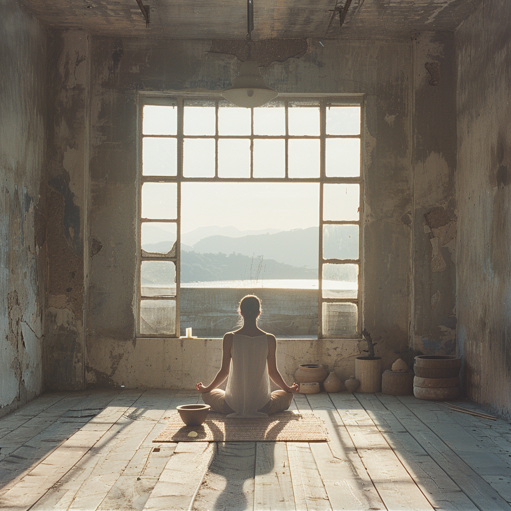 A single figure in meditation in a spare, beautifully simple room, early morning blue-gold light through a large unadorned window, the room contains only a rolled meditation cushion in natural buckwheat husk linen, a small hand-thrown clay bowl with a few petals, and a bare timber floor, the figure seated still and present, long shadows, colour palette of cool morning blue transitioning to warm gold, breath-like quiet, Japanese-Scandinavian aesthetic fusion, interior documentary photography, extreme calm and clarity