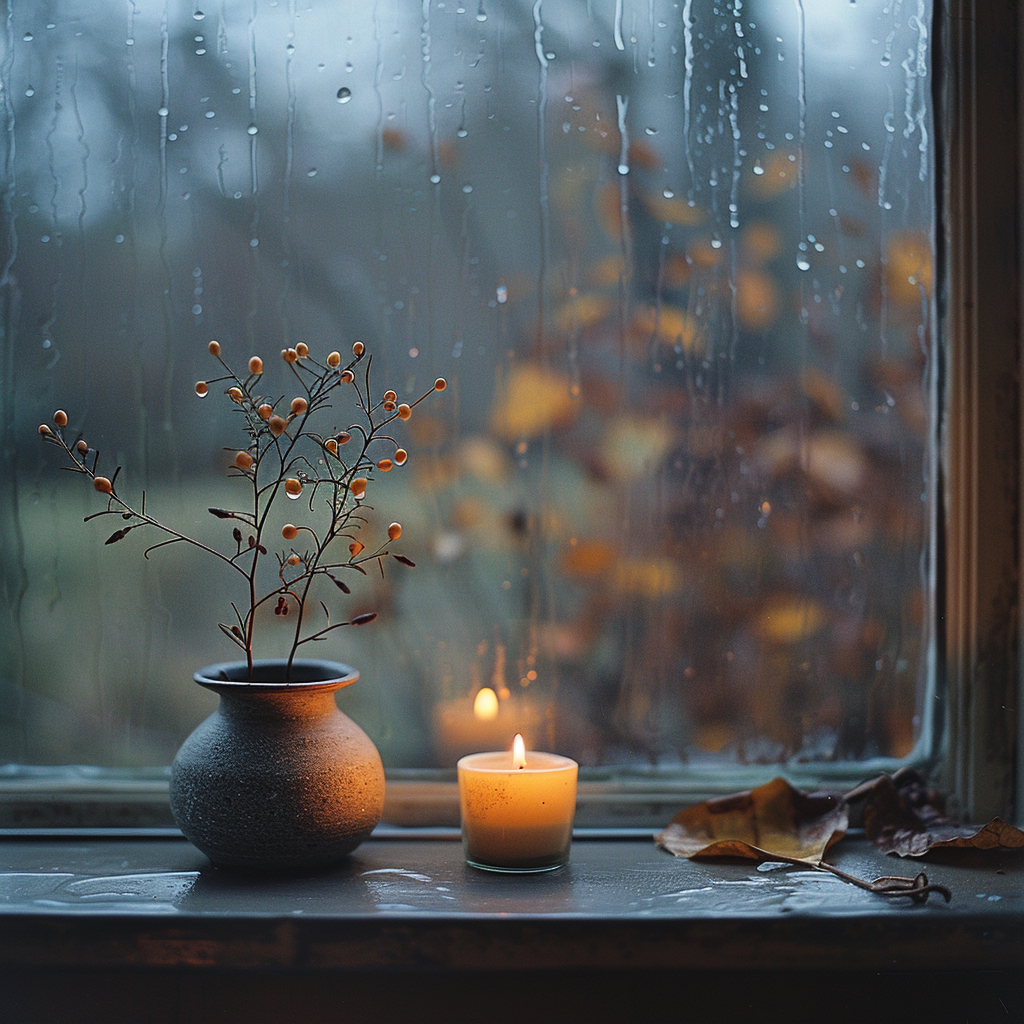 An autumnal warm minimalist home vignette: a windowsill with amber evening light, a single beeswax candle in a simple clay holder, a small arrangement of dried leaves and seedheads in a handmade ceramic bud vase, the view through the window soft-focused rain and dark trees, condensation on the glass, a sense of being held safely inside warmth against the outside chill, deep amber and charcoal tones, textured plaster wall behind, intimate close-up lifestyle photography, analogue warmth, hygge wabi-sabi atmosphere