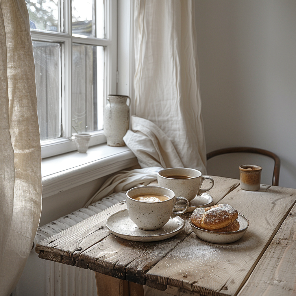 A cosy Swedish fika moment in a warm minimalist kitchen corner, two ceramic mugs of coffee steaming on a scrubbed wooden kitchen table, a plate of rough-edged cinnamon buns dusted with pearl sugar beside them, morning light streaming through a simple linen-curtained window, a worn wooden stool, bare feet visible at the edge of frame, absolute sense of pause and pleasure, Scandinavian domestic warmth, warm amber and cream tones, editorial lifestyle photography, film grain texture, intimacy and quiet joy