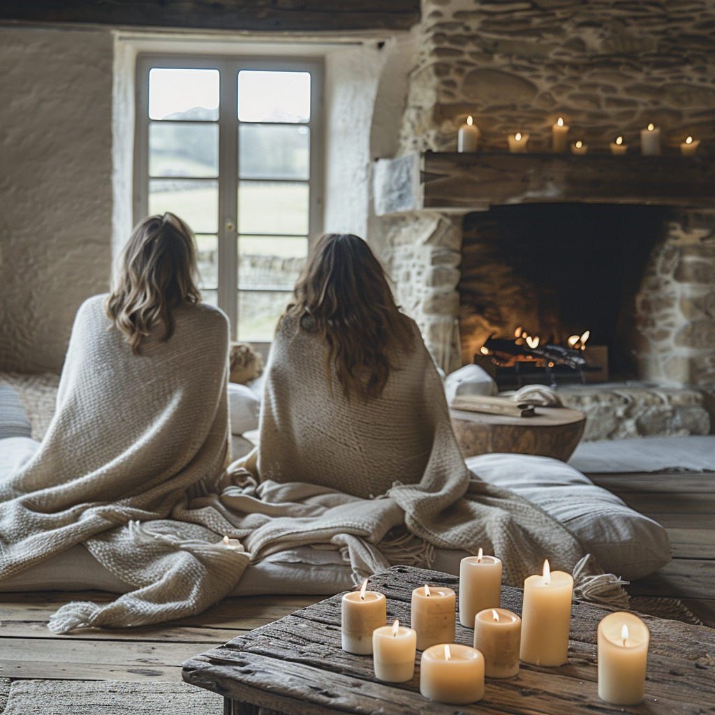 A deeply hygge warm minimalist living room at dusk, a cluster of beeswax candles of varying heights on a low wooden table casting honeyed flickering light, two figures wrapped in oversized wool throws in oatmeal and charcoal sitting opposite each other on a low linen sofa, a fire glowing in a simple stone fireplace, the room lit almost entirely by candlelight and firelight, deep amber and warm shadow tones, a sense of profound ease and togetherness, no overhead light, editorial interior lifestyle photography, cinematic grain, emotional warmth