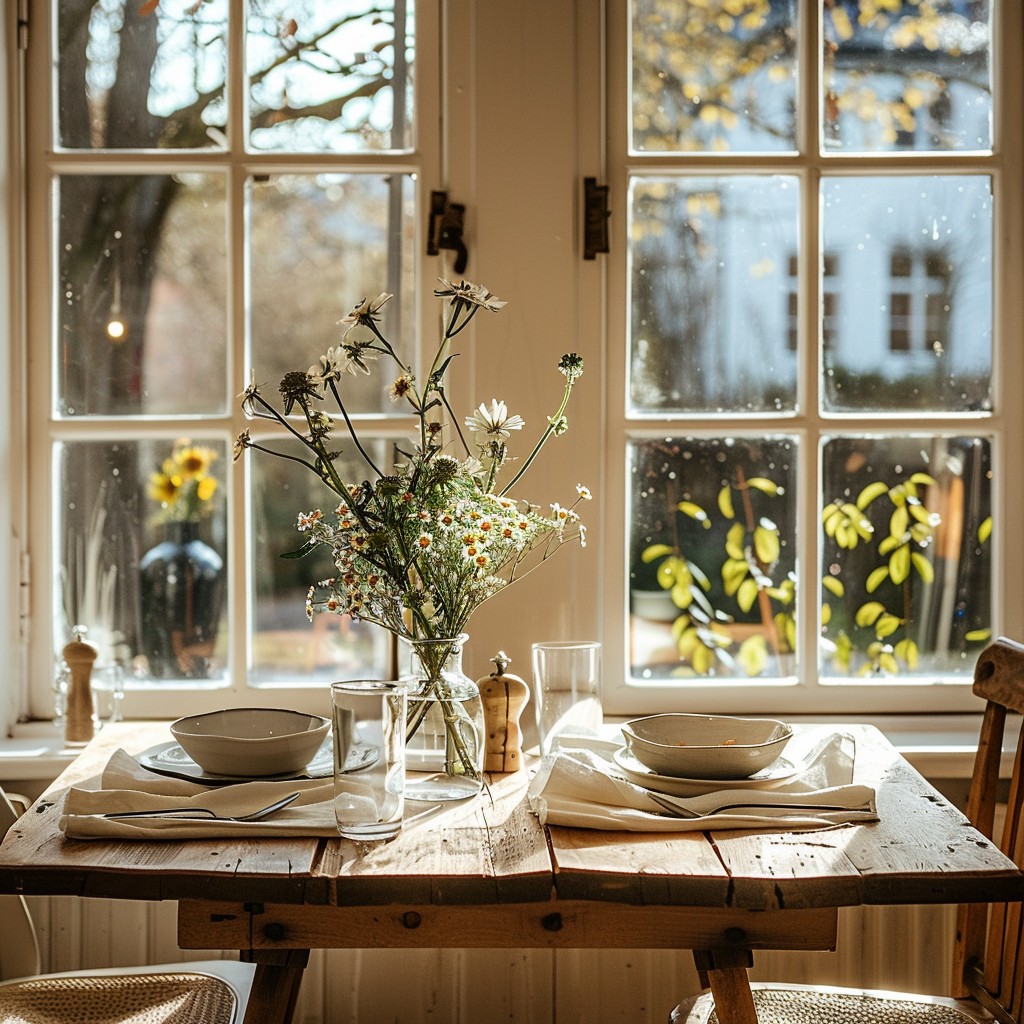 A perfectly balanced Scandinavian dining scene embodying lagom, a simple pale pine table set for two with unbleached linen napkins, two mismatched handmade ceramic plates, a small bunch of wildflowers in a simple glass vase, nothing excessive, nothing missing, afternoon light through large Nordic-style windows, birch wood chairs, a sense of sufficiency and quiet contentment, Scandinavian interior design aesthetic, soft natural daylight, editorial lifestyle photography, muted palette of warm whites sand and sage green