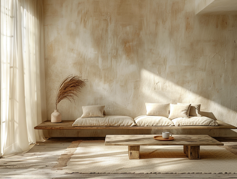 A serene warm minimalist living room bathed in late afternoon golden light, low Japanese-inspired platform sofa in undyed natural linen, single worn wooden coffee table with one handmade ceramic mug steaming gently, sheer cream curtains diffusing soft sunlight, rough plaster walls in warm greige, large empty expanse of pale oak floorboards, a single dried pampas grass stem in a matte terracotta vase, everything still and suffused with quiet warmth, editorial interior photography style, film grain texture, cinematic depth of field, overhead natural skylight glow, deeply peaceful atmosphere