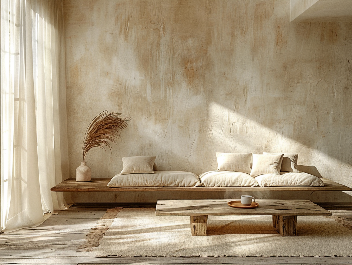 A serene warm minimalist living room bathed in late afternoon golden light, low Japanese-inspired platform sofa in undyed natural linen, single worn wooden coffee table with one handmade ceramic mug steaming gently, sheer cream curtains diffusing soft sunlight, rough plaster walls in warm greige, large empty expanse of pale oak floorboards, a single dried pampas grass stem in a matte terracotta vase, everything still and suffused with quiet warmth, editorial interior photography style, film grain texture, cinematic depth of field, overhead natural skylight glow, deeply peaceful atmosphere