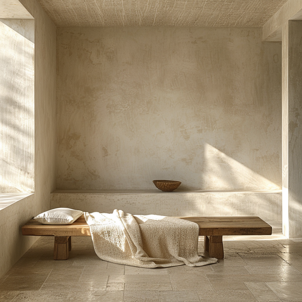 A deliberately spare warm minimalist room emphasising the beauty of negative space and Ma, one low wooden bench with a single folded wool blanket in oatmeal cream, large empty white-plaster wall with a slant of morning window light cutting diagonally across it, polished concrete floor reflecting light softly, extreme compositional restraint with most of the frame intentionally empty, Japanese-influenced architecture, wabi-sabi timber details, contemplative interior atmosphere, architectural photography with artistic intent, warm shadow gradients