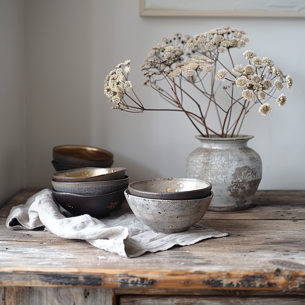 A wabi-sabi inspired still life on a weathered oak kitchen table: three mismatched handmade ceramic bowls in muted clay, ash and charcoal glazes, one bowl cracked and repaired with gold kintsugi lacquer, a rough linen cloth folded beneath them, dried wildflowers in a simple stoneware vessel, aged patina on every surface, imperfect and deeply beautiful, soft diffused window light from the left, warm earthy colour palette, close editorial photography with film grain, analogue warmth