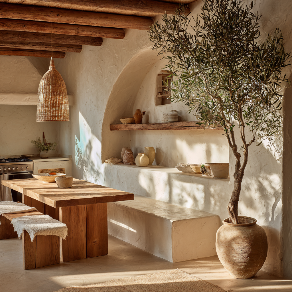 A softly lit tour photograph of a complete warm minimalist home interior, open-plan living and kitchen space with natural timber, rough plaster walls in warm white, low linen furniture, pendant rattan light, ceramic objects on open shelves, a single large potted olive tree in a clay pot, afternoon light raking across textured surfaces creating long warm shadows, lived-in and intentional, nothing excessive, Scandinavian-Japanese design aesthetic, architectural interior photography, editorial style, warm analogue tones