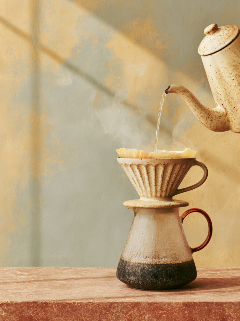 A careful pour-over coffee being prepared on a warm minimalist kitchen countertop a ceramic dripper over a simple glass carafe, hot water being poured in a slow deliberate stream, steam, morning light from a nearby window, the counter otherwise clear, warm stone surface, bare plaster wall behind, the act of preparation as meditative ritual editorial lifestyle photography, fika preparation, warm bone and amber, deeply intentional