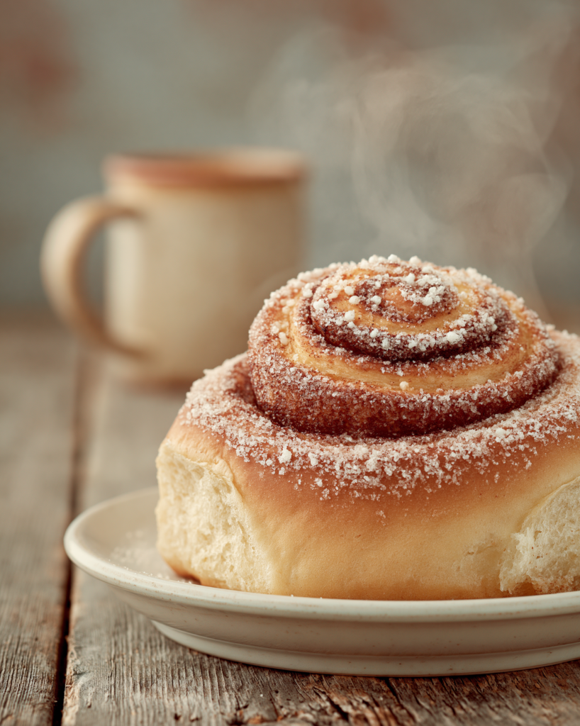 A close-up of a fresh cinnamon bun on a simple white ceramic plate on a worn oak surface, the spiral imperfect, the surface dusted with pearl sugar, steam faintly visible, soft natural side light, a ceramic mug blurred in the background, warm amber and cream tones, the whole image redolent of warmth and the middle of the morning fine art food lifestyle photography, fika treat, warm Scandinavian aesthetic, deeply sensory