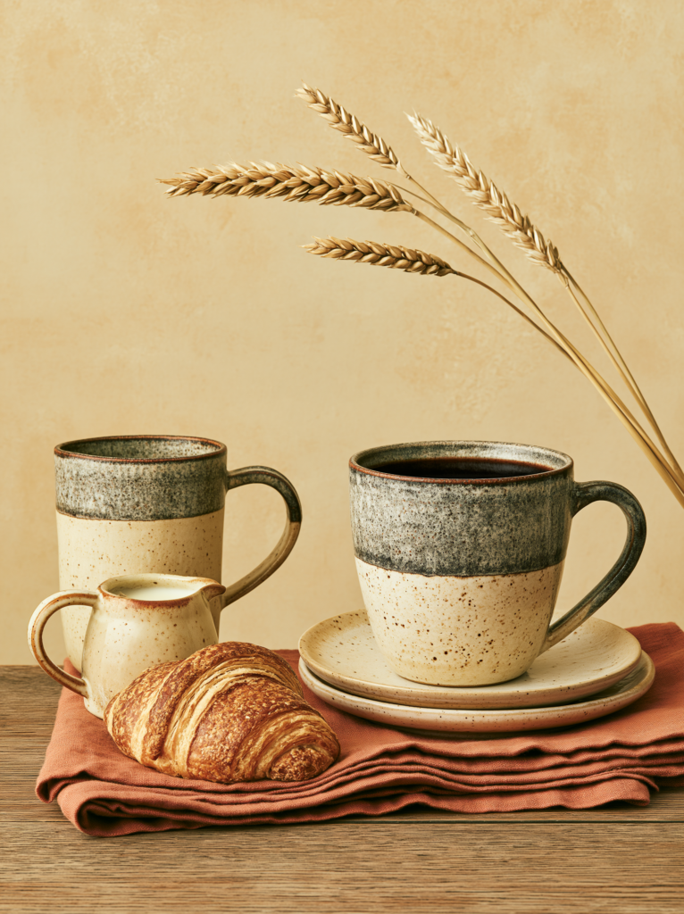 A composed still life of fika objects on a warm oak surface two mismatched handmade ceramic mugs, a small ceramic milk jug, a simple plate, a folded linen cloth, soft natural light, generous space between each element, nothing excessive, the composition feeling like a daily ritual rather than a styled arrangement editorial still life photography, Swedish fika objects, warm sand and ivory tones, wabi-sabi warmth