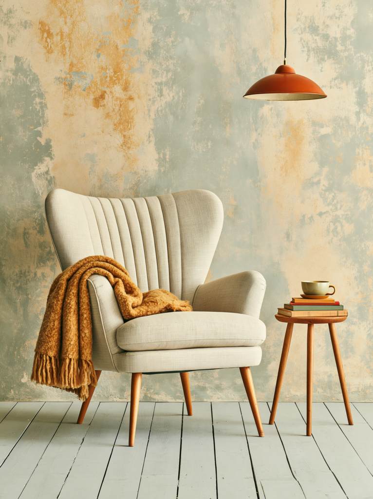 A deliberately cozy reading corner in a warm minimalist home a wide armchair in natural linen, a chunky wool throw spilling over one arm, a small wooden side table with a low lamp and a ceramic mug of tea, a short stack of books, warm plaster wall behind, evening light, the chair angled slightly inward as if just vacated interior lifestyle photography, Scandinavian hygge, amber and oat tones, deeply inviting