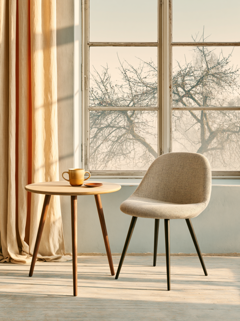 A deliberately simple fika corner beside a large window a small round oak table, one linen chair angled toward the light, a ceramic mug and a small plate on the table, afternoon sun casting long warm shadows across the pale floor, the window offering a view of bare winter branches, nothing decorative, everything purposeful interior lifestyle photography, warm minimalist fika nook, amber and bone, deeply inviting and still