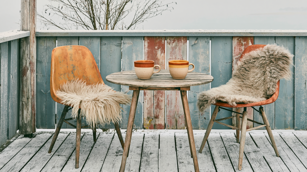 A fika moment on a small covered terrace in winter two ceramic mugs on a simple wooden table, bare branches visible beyond, pale winter light, frost on the wooden railing, two chairs with sheepskin throws, the cold air and the warmth of the coffee in deliberate and beautiful contrast, deeply Scandinavian lifestyle exterior photography, winter fika, pale blue-grey winter light and warm amber, intimate and bracing