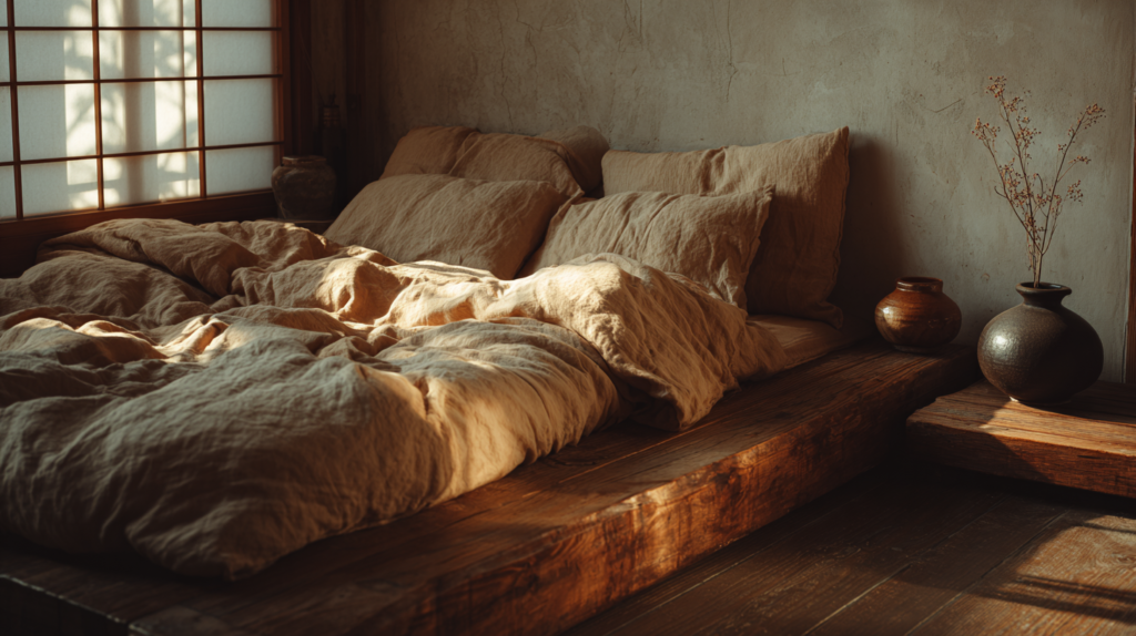 A minimal Japanese-influenced bedroom, low bed frame in oiled walnut, undyed linen bedding softly rumpled, a single dried stem in a narrow clay vase on the floor, morning light filtering through translucent paper blinds, warm shadows, plaster walls in pale ash and warm white, deeply calm and livable interior editorial photography, film grain, ultra-warm palette