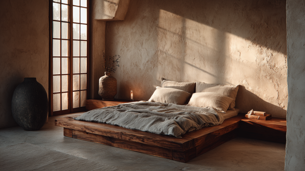 A minimal bedroom with a low walnut bed frame, undyed linen bedding, large expanses of bare warm plaster wall on either side, no bedside clutter, one small oil lamp on the floor, morning light through a shoji-style screen casting soft lattice shadows, the empty wall space surrounding the bed feeling like an embrace rather than absence interior editorial photography, warm minimalism, deeply restful, pale sand and weathered ivory palette