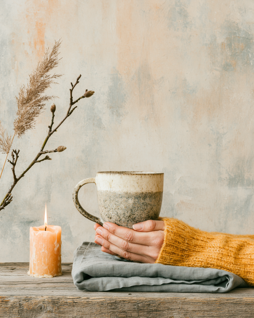 A pair of hands wrapped around a large handmade ceramic mug on a bare wooden surface, early morning winter light, a single candle burning nearby, a folded linen cloth, nothing else, the quietness of the hour before the day begins lifestyle editorial photography, hygge morning ritual, warm ivory and amber, deeply intimate, soft focus background of pale plaster wall