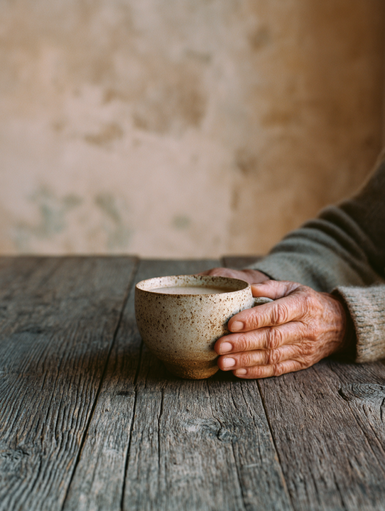 A person's hands wrapped around a handmade ceramic cup at a completely bare low wooden table, early morning light, the table surface otherwise empty, a wide expanse of uncluttered space visible in the soft-focus background plaster walls, warm floor, no screens, no clutter, just the cup and the light and the quality of the pause lifestyle editorial photography, temporal ma, warm minimalism, intimate and deeply still